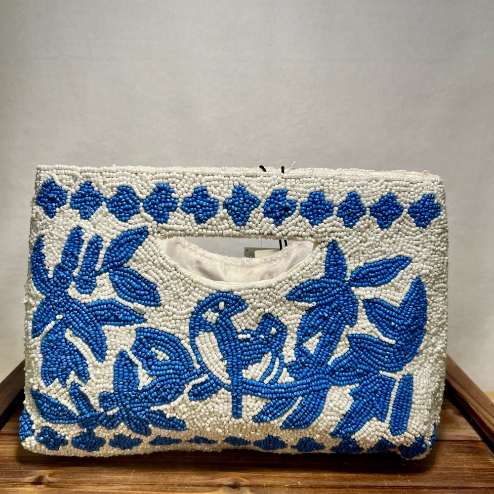 Sincerely Jules Blue and White Beaded Clutch